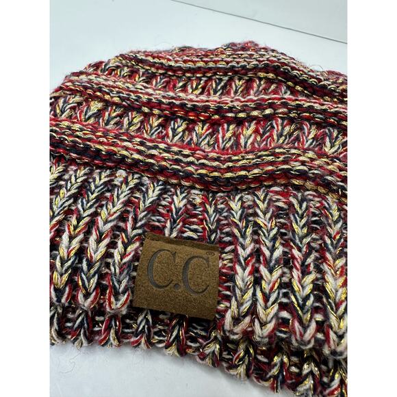 CC Trendy Warm Chunky Cable Knit Soft Stretch Beanie Metallic Hat Red Gold - Picture 3 of 6